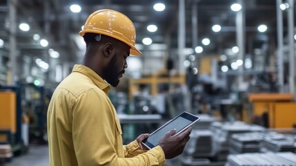 a worker in a yellow safety helmet holding a tablet computer in a factory.