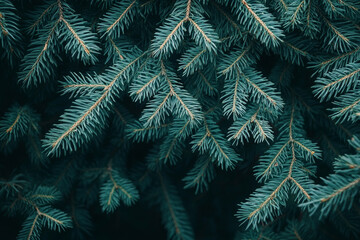 dark green fir branches with needles, close up view, natural background