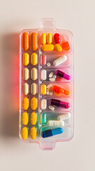 Colorful pills organized in weekly pillbox