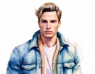 A man with brown hair and a denim jacket is depicted in a watercolor style portrait
