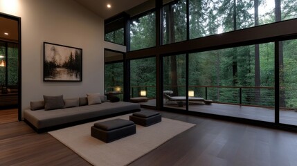 Fototapeta premium Modern minimalist living room with forest views. Large windows showcasing a lush wooded exterior. Comfortable seating area with a low couch and accent pillows. Warm interior design