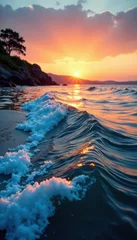 Fototapete Krankenhaus Ocean waves gently lap against a serene blue riverbank at sunset, creating a soothing visual effect , water, nature  © Phennapha
