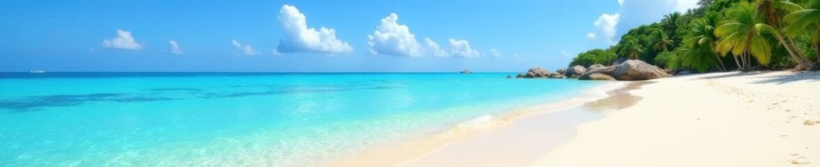 Fototapeta premium Sandy beach with crystal clear waters and a small island in distance, island, ocean, beach