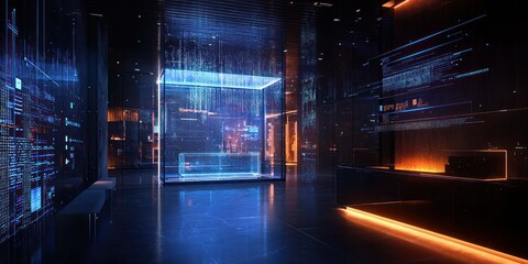 A holographic interface with glowing data projections in a dark room