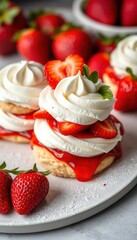 Fluffy whipped cream topping juicy homemade strawberry shortcakes, yummy, dairy