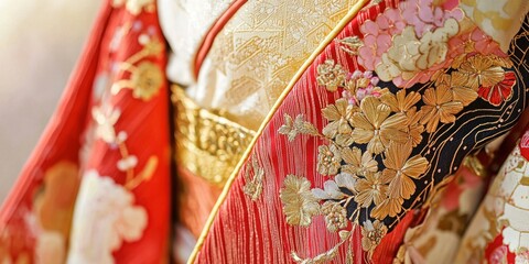 Fototapeta premium a Japanese kimono featuring fine gold leaf embroidery on the fabric