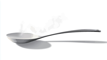 A close-up, monochrome image of a metallic spoon.  The spoon's bowl contains a light-colored liquid from which steam or vapor is rising.  The spoon is positioned horizontally against a white