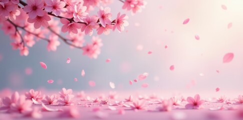 Soft pink sakura petals drifting down gently on a serene pastel landscape , gentle descent, spring scene, serene background