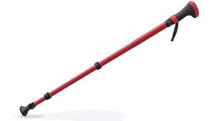 A studio shot of a red adjustable walking cane angled against a white background.  The cane is primarily red with black accents on the handle and base.  It appears to be made of a lightweight