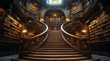 Grand wooden staircase in ornate library.