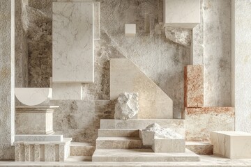 Abstract architectural composition features various stone blocks and surfaces artfully arranged