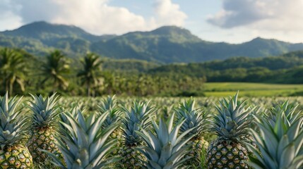 landscape of pineapple farm with mountain