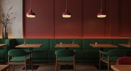 Restaurant Dining Room Interior with Green Booth Seating and Warm Lighting