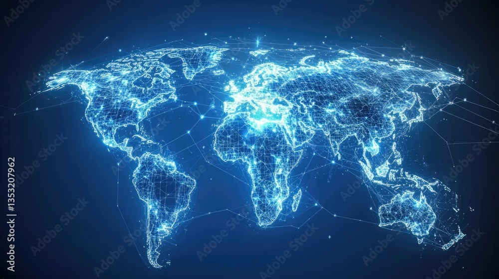Poster digital world map with interconnected nodes and lines representing global connectivity and technolog