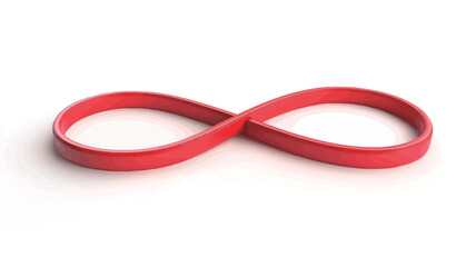 Naklejka premium Close-up shot of a red rubber band shaped into an infinity symbol against a pure white background. The rubber band is smooth and appears to be made of a flexible material. The lighting is even,