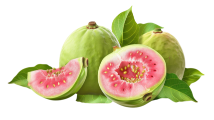Guava: A vibrant display of fresh guavas, one sliced open to reveal its luscious pink flesh, alongside whole fruits and lush green leaves, all arranged in an inviting composition.