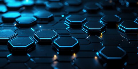 Obraz premium A dark, high-tech surface embedded with illuminated hexagonal circuits