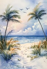 Fototapeta premium A beautiful watercolor painting depicting a tropical beach scene