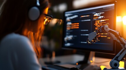 Woman coding AI with robotic arm, and sunset glow.