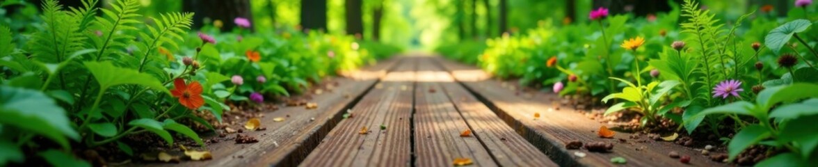 Wood plank forest floor with ferns and wildflowers, ferns, nature, forest