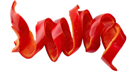 Dynamic Red Bell Pepper Swirl: Sliced red bell pepper artfully arranged in a dynamic, spiraling shape against a minimalist backdrop.
