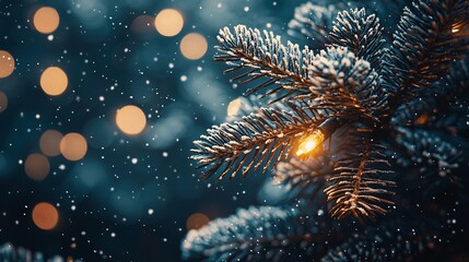 Snow Covered Tree Branch with Warm Lights