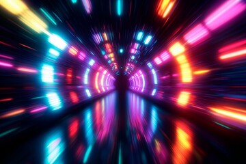 Futuristic cyberpunk tunnel with colorful light rays.