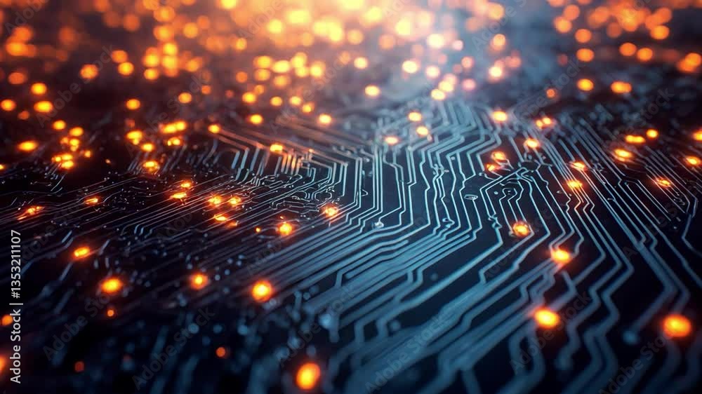 Poster mesmerizing close up of glowing circuit board patterns and electric pathways in abstract view
