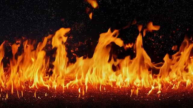 Dynamic video of flames captured at eye level, showcasing vibrant, swirling fire against a dark backdrop, emphasizing movement and intensity. Live desktop wallpaper.