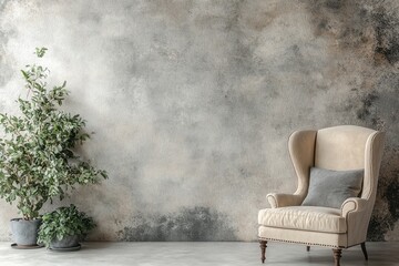 Elegant living room featuring wingback chair and potted plants