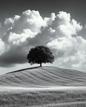 A solitary tree atop a rolling hill under clouds.