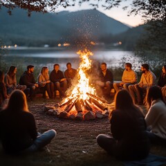 Friends gather around bonfire at lakeside campsite