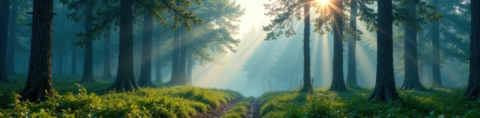 Serene forest with tall trees and misty atmosphere, forest, landscape