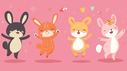 Naklejka premium Jumping bunnies on a pink background with confetti and hearts