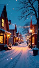 Naklejka premium Snowy winter village street with Christmas lights and decorations, snowy village, christmas lights, frozen lake