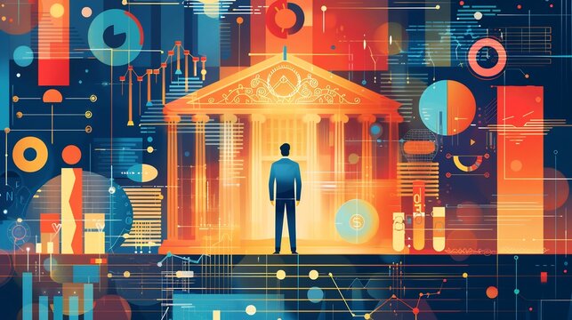 Abstract infographic style depiction of a central bank governor adjusting economic levers influencing inflation employment and economic growth through monetary policy decisions