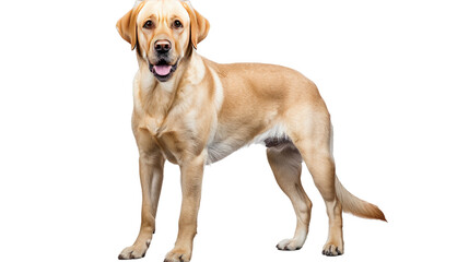 Obraz premium Loyal Companion: A golden Labrador Retriever stands in full view, a picture of breed standards, highlighting its friendly expression and shiny coat.