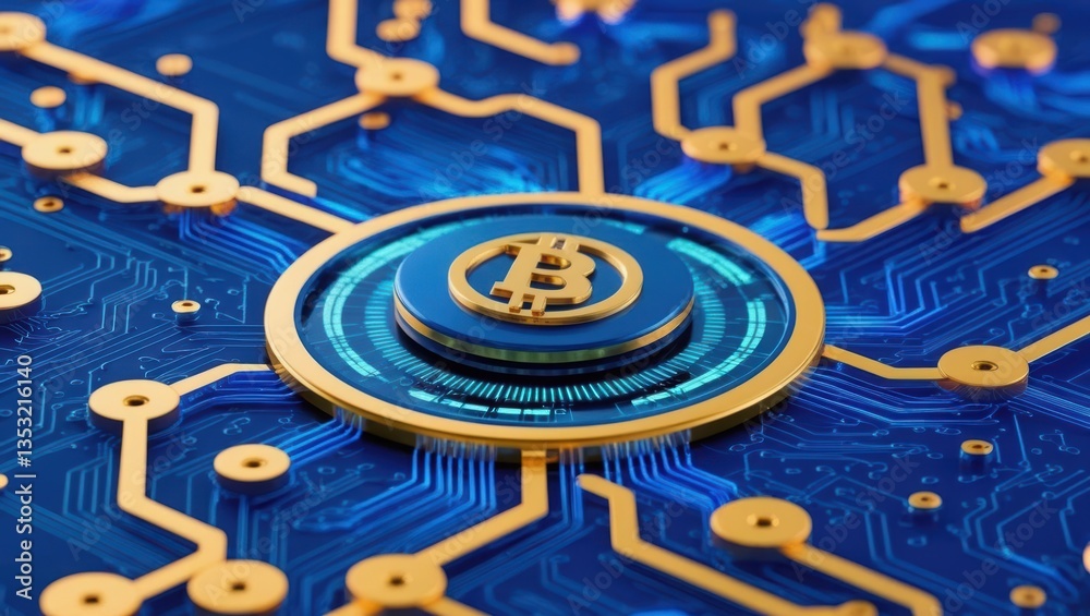 Poster bitcoin on a circuit board illustrating decentralized smart contract system for secure transactions