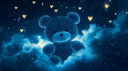 A Sparkling Teddy Bear Floating Among Clouds In The Night Sky