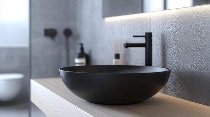 Fototapeta premium interior, bathroom in Scandinavian hygge architectural style, clean modern design featuring grey and white color scheme, beautiful light, black basin close-up view