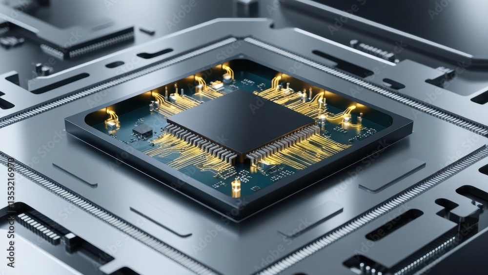 Poster futuristic nanotech cpu chip featuring glowing molecular circuits embedded in compact processor