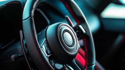 Black Leather Wrapped Steering Wheel Close-up with Modern Design Elements