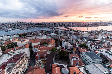 Sunset aerial view of the Golden Horn in Istanbul, Turkey
