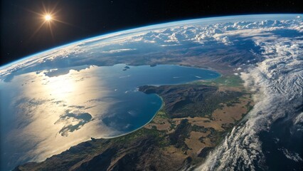 A view of Earth from space with a sun flare, showcasing the planet's beauty.

