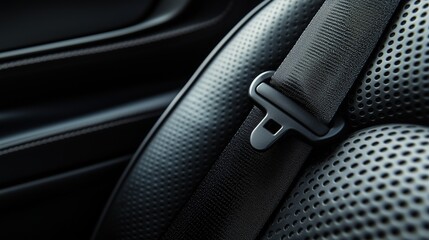 Close-Up of Black Leather Seatbelt Housing in a Modern Vehicle Interior