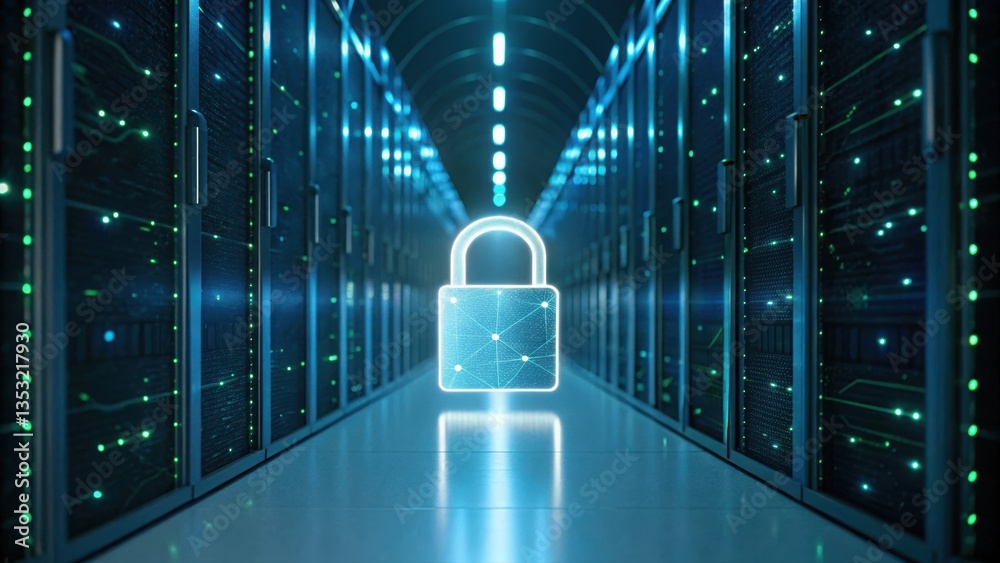 Poster server room featuring padlock demonstrating next-gen smart contract authentication encrypted systems