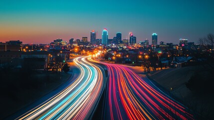Obraz premium Light trails on city road at sunset.