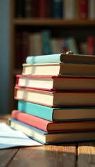 Colorful stack of books with a few loose pages scattered around , reading, illustrations