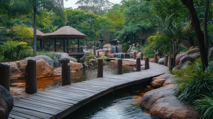 Naklejka premium Tranquil boardwalk retreat among lush greenery and cascading waterfalls