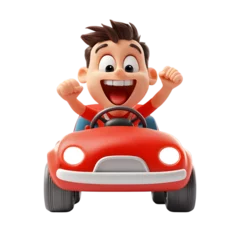 Fotobehang Animated Boy Driving A Red Cartoon Car © SiBams